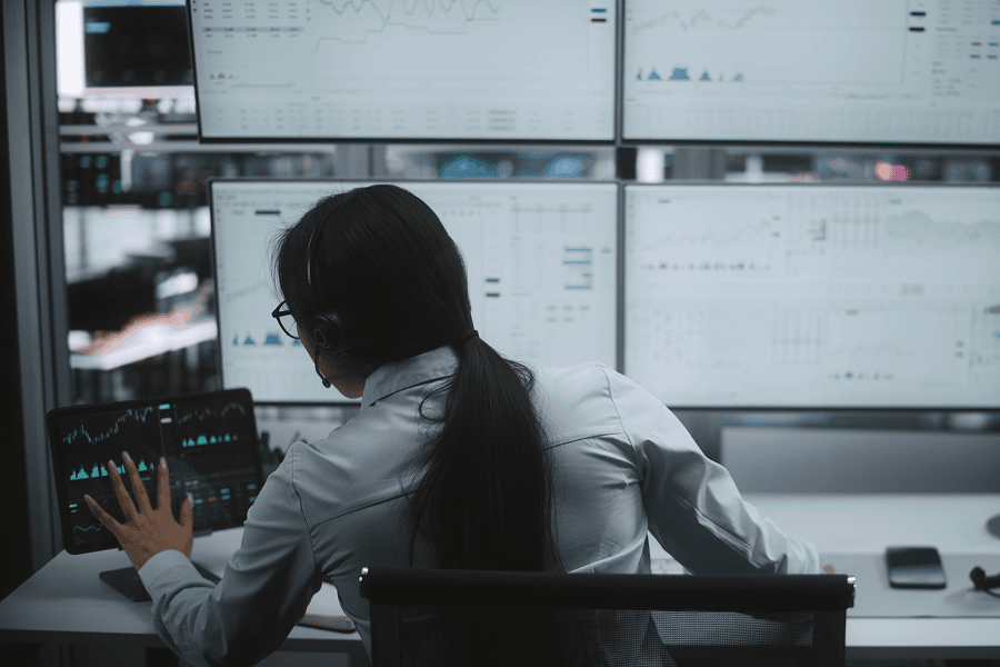 A female wearing a headset while analyzing real-time fleet data